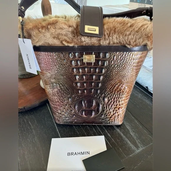 Brahmin Shira Genuine Shearling & Croc Embossed Leather Bucket Bag NWT - Picture 2 of 8